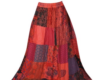 Womens Maxi Skirt, Red Summer Skirt, Gujarati Patchwork Summer Handmade Vintage Boho Chic Long Skirts S/M