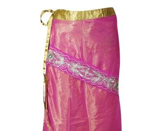 Womens Wrap Skirt, Pink Gold Vintage recycle Sari Georgette Skirt, Reversible 2 Layer Skirts, Embroidered Long Wrap Skirts One Size