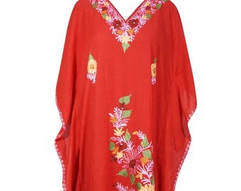 Womens Maxi Caftan Dress, Beach, Cruise Kaftan, Long Holiday Dress, Hand Embellished, Bright Red Floral Caftan dress, One size L-XL
