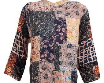 Womens Tunic Shirt Dress, Boho Gypsy Button Down Patchwork Embroidered Long Sleeves Casual Dresses L