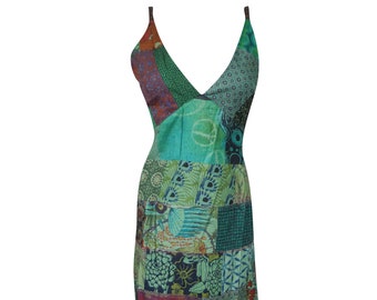 Womens Patchwork Maxi Dress, Green Floral Maxidress, Printed Cotton Handmade Boho Dresses, Bohemian Fashion S/M