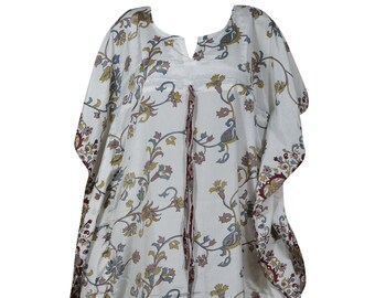 Women's Kaftan Maxi Dress, White Printed Loose Dresses, Beach Cover Up Summer Caftan HI DRAWSTRING MATERNITY Dresses L-2X,One size