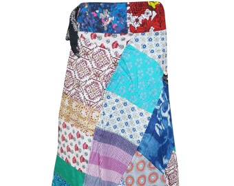 Womens Wrap Around Skirt, Floral Printed Patchwork Colorful Fiesta Hippie Maxi Wrap Skirt in Cotton Free Size