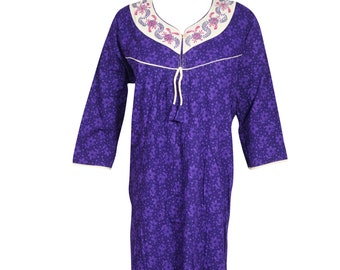 Womens Maxi Dress, Kaftan, Purple Nightgown, Housedress, Long Sleeves Nightdress, Embroidered Printed Cotton Maxi Caftan L/XL