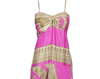 Womens Spaghetti Strap Dress Pink Printed Vintage Recycled Silk Sari Long Saree Dress Summer Dress S/M