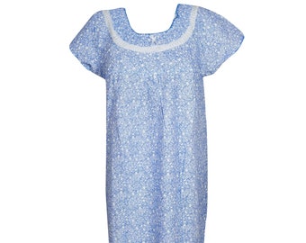 Women's Maxi Caftan Dress, Muumuu, Cotton Blue White Floral Handmade Lounger Printed Sleepwear, Patio Dress L