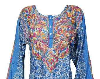 Womens Tunic Blouse, Blue Floral Printed Tunic, Silk Colorful Embroidery Handmade Tunic 2XL
