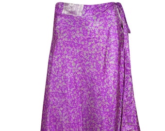 Womens Wrap Skirt, Summer Beach Cover Up Purple Floral Printed Two Layer Silk Sari Magic Wrap Around Skirts One size