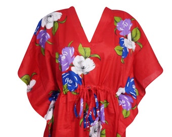 Womens Short Caftan Dress, Loose Beach dress, Red Floral Printed Dresses, Resort Wear Caftan, Cotton Kaftan XL
