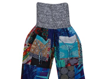 Womens Patchwork Pants, Blue Hippie Pants, Casual Comfy Pants, Pockets, Yoga Meditation S/M