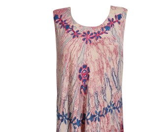 Womens Beach Dress, Pink Blue Colorful Tie Dye Embroidered Sleeveless Round Neck Flare Dresses XL