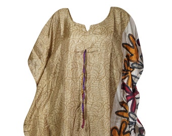 Womens Maxi Printed Kaftan Dress, Beige Orange Printed Dresses, Beach Coverup, Lightweight Recycle Sari Dresses L-XL