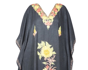 Womens Maxi Caftan Dress, Bohemian Summer Loose Moms Dresses, Black Floral Embroidered Long Dress One Size L-3XL