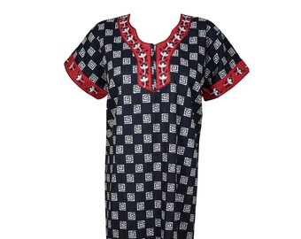 Women Maxi Dress, Nightgown, Black White Printed, Zip Front, Nightwear L