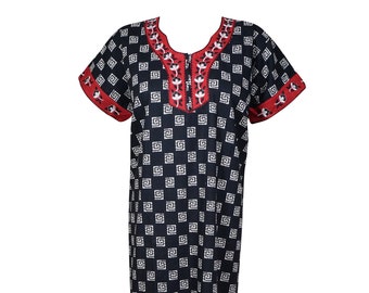 Women Maxi Dress, Nightgown, Black White Printed, Zip Front, Nightwear L