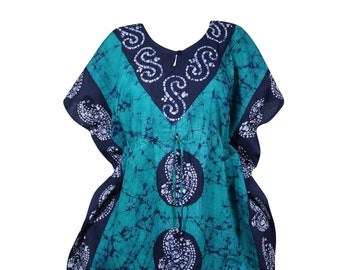 Womens Caftan Maxi Dress, Cotton Kaftan Dress, Navy Blue Turquoise Batik Paisley kaftan Dress, Boho maxi dress, Lounge dress L-3XL