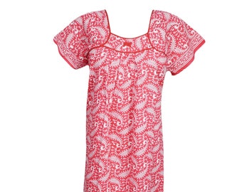 Womens Maxi Caftan Dress, Kaftan, Pink White Paisley Printed Sleepwear, Bohemian Loose Lounger Dress L