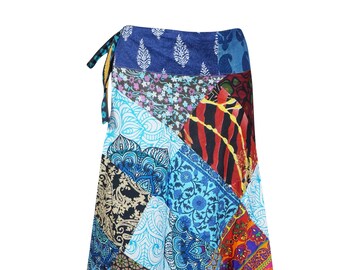 Womens Cotton Wrap Skirt in Mixed Blue Floral Patchwork, Long Length Hippie Skirts, Boho Beach Wrap Around Skirt One Size