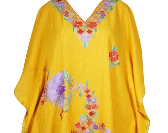 Womens Sunny Yellow Embellished Floral Short Caftan Lounger Cover Up BOHO DRESS Tunic Dress One Size L-2XL