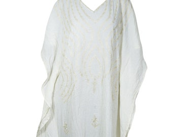 Womens Kaftan Maxi Dress, White Embroidered Summer Fashion Dress, Cotton Embroidered Resort Wear Dresses ONESIZE L/3X