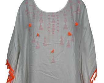 Womens Caftan Short Dress, Loose Beach dress, White Orange Tassel Dresses, Resort Wear Caftan, Summer Kaftan One size L-3XL