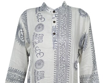 Women's Boho Yoga Shirt, Soft Cotton White Spiritual Print Shirt, Button Front Blouse Bohemian Summer Shirt M