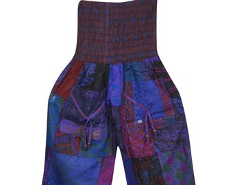 Hippie Patchwork Harem Pants, Blue Smocked Waist Pants, Cotton Front Pockets Pant, Patchwork Baggy Pants S/M