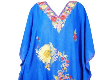 Women Floral Caftan Dress, Blue olor Embroidered Resort Wear Mid Length Cover Up, Kaftan Dresses L-4XL