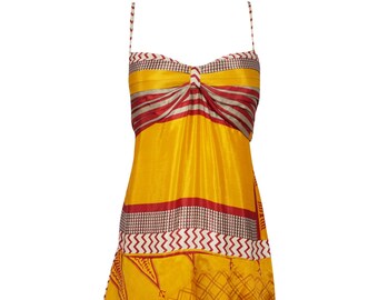 Women's Strap Dress, Layered Spaghetti Strap Bohemian Recycled Sari Silk Orange Red Printed Summer Bohochic Sundress SM