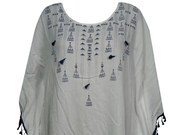 Womens Tunic, Caftan Short Dress, White Blue Printed Kaftan, Beach Cover Up, Resort Wear, Kaftan Dresses One size L-3XL