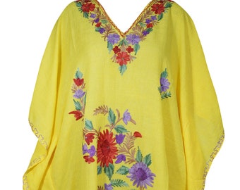 Women Caftan Dress, Sunflower Yellow Embroidery Caftan Dress, Kimono Caftan, Cotton Cover up, Kaftan, Resort Wear, Mid Length Dresses M-2X