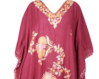 Womens Kaftan Dress, Maroon Floral Embroidery Kaftan, Mid length Caftan, Summer Beach Party dress, Sleepwear One size M-2XL