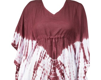 Womens Caftan Dress, Knee Length Kaftan Dresses, Maroon Tie Dye Beach Cover Up Resort Wear One size M-2X
