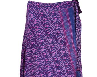 Womens Wrap Skirt, Comfy Sari Silk Two Layer Reversible Boho Fashion, Pink Blue Paisley Print Magic Sari Wrap Around Skirts One size