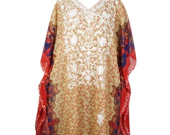 Womens Caftan Maxi Dress, Lounger Caftan Dress, Orange Beige Printed Kimono Caftan Dress, Georgette Embroidered Resort Wear L-3X One Size
