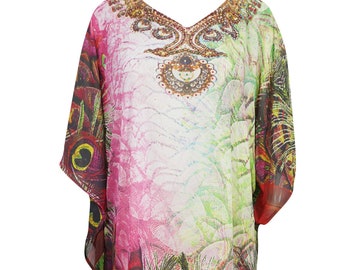 Womens Kaftan Dress, Peacock Print Pink Dresses, Loose Beach dress, Resort Wear Caftan, Georgette Kaftan Dress L-4XL One size