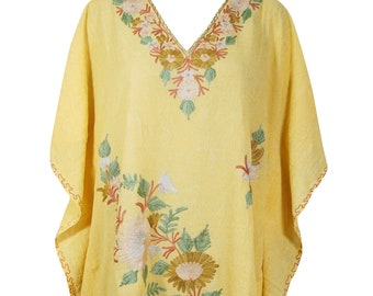 Womens Caftan Dress, Floral Kaftan, Yellow Caftan, Mid Calf Embroidered dress, To be Moms, Beach cover up, Sleepwear, Cotton Kaftan 2X