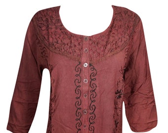 Womens Tunic Top, Button Front Long Sleeves Tunic Top Maroon Embroidered Boho Chic Gypsy Blouse M