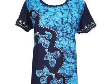 Women's Maxi Dress, Handmade bohemian Summer Embroidered Dresses, Blue Batik Print Long Travel Dress L