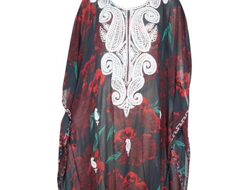 Women Kaftan Maxi Dress, Black Floral Print Beach Festival Sheer Embroidered Caftan Dresses 4XL