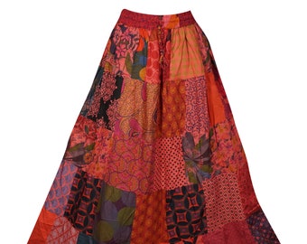 Womens Patchwork Long Skirt, Elastic Waist Cotton Red Vintage Skirts, Indian Style Handmade A-Line Long Skirts S/M