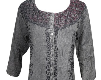 Bohemian Tunic Top,Grey Embroidered Top,Stone Wash Button Front Tunic Top,Gypsy Blouse L