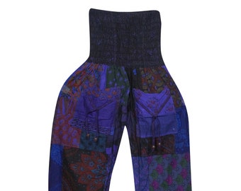 Women's Cotton Pant, Purple Blue Patchwork Harem Loose Pant, Bohemian Hippy Soft Yoga Pants, Trouser  S/M