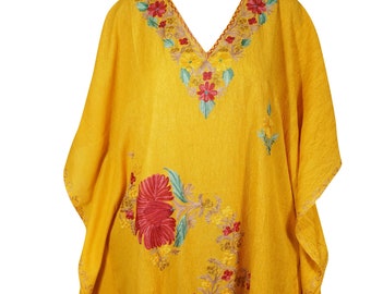 Womens Midi Caftan Dress, Embellished Yellow Floral Lounger, Kaftan, Bohemian Loose Beach Dresses One Size L-2XL