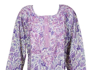 Womens Tunic Blouse, Purple Lavender Paisley Printed Tunic, Indian Tunic Kurti, Silk Embroidered Tunic, Travel Silk Tunic Shirt