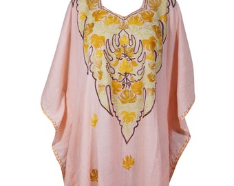 Womans Caftan Dress, Mid Calf Loose Housedress, Pink Sherbet Floral Embroidered Boho Dresses, Handmade Kaftan 3XL