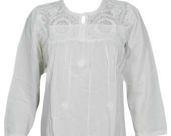Womens Tunic Dress, Embroidered White Cotton Gorgeous Stay at Home Summer Bohemian Kurti L