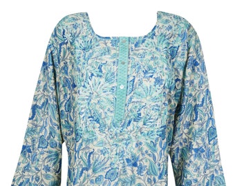 Womens Tunic Top, Blue Paisley Indian Tunic Kurti, Silk Tunic, Hand Embroidered Blouse, Indi Boho Kurta, Silk Travel Shirt