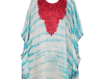 Womens Kaftan Maxi Dress, Embroidered Kaftan Gown , Blue White Tie Dye Lounger Sunset Boho Dress, Handmade Housedress 4XL