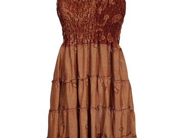 Womens Maxi Skirt, Orange Strapless Dress Floral Printed Recycled Sari Summer Bohemian Skirt S/M